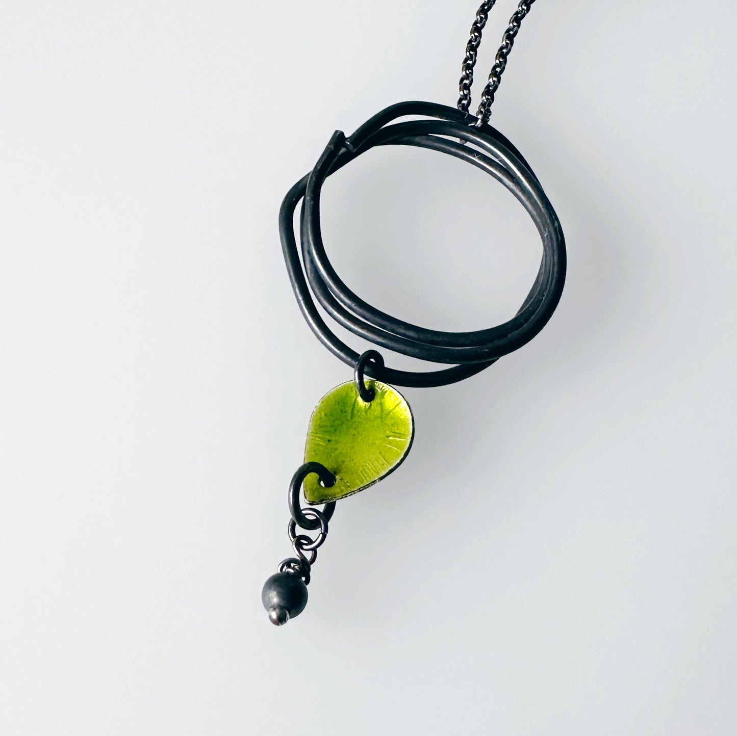 Oxidised Silver Pendant with Torch Fired Beads , Geometric Jewellery, Green Enamel Necklace