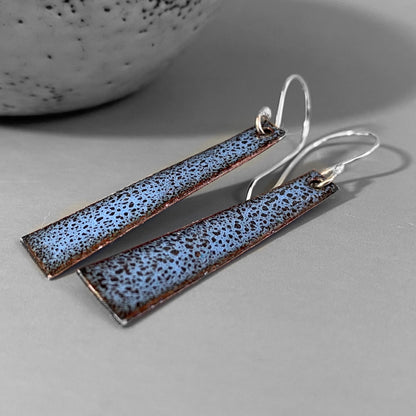 Trapezoid shaped copper earrings enamelled in blue on silver ear wires